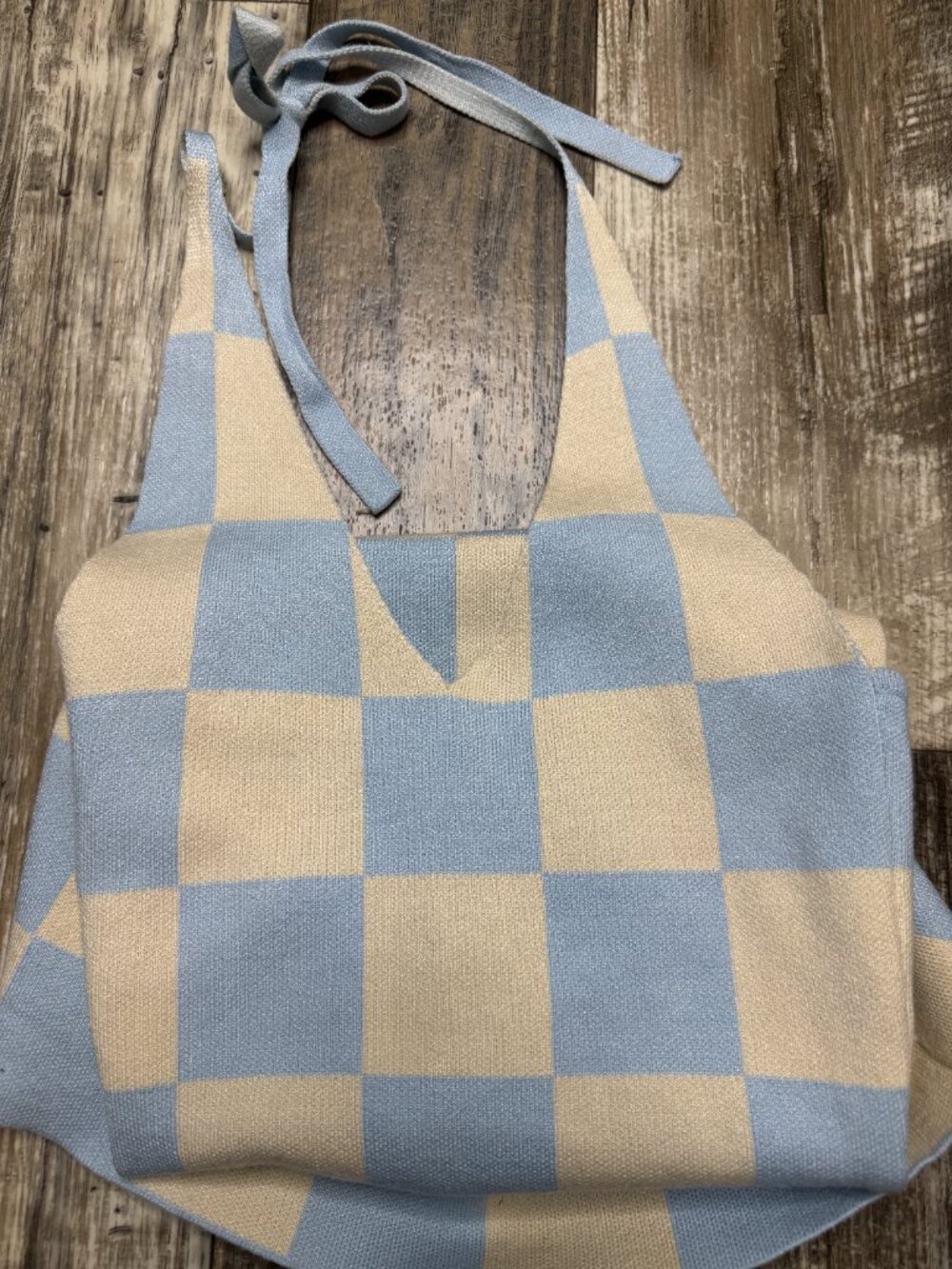 Peppermayo Blue Cream Checkerboard Halter Mini Dress Knit Open Back S/M - Picture 6 of 7